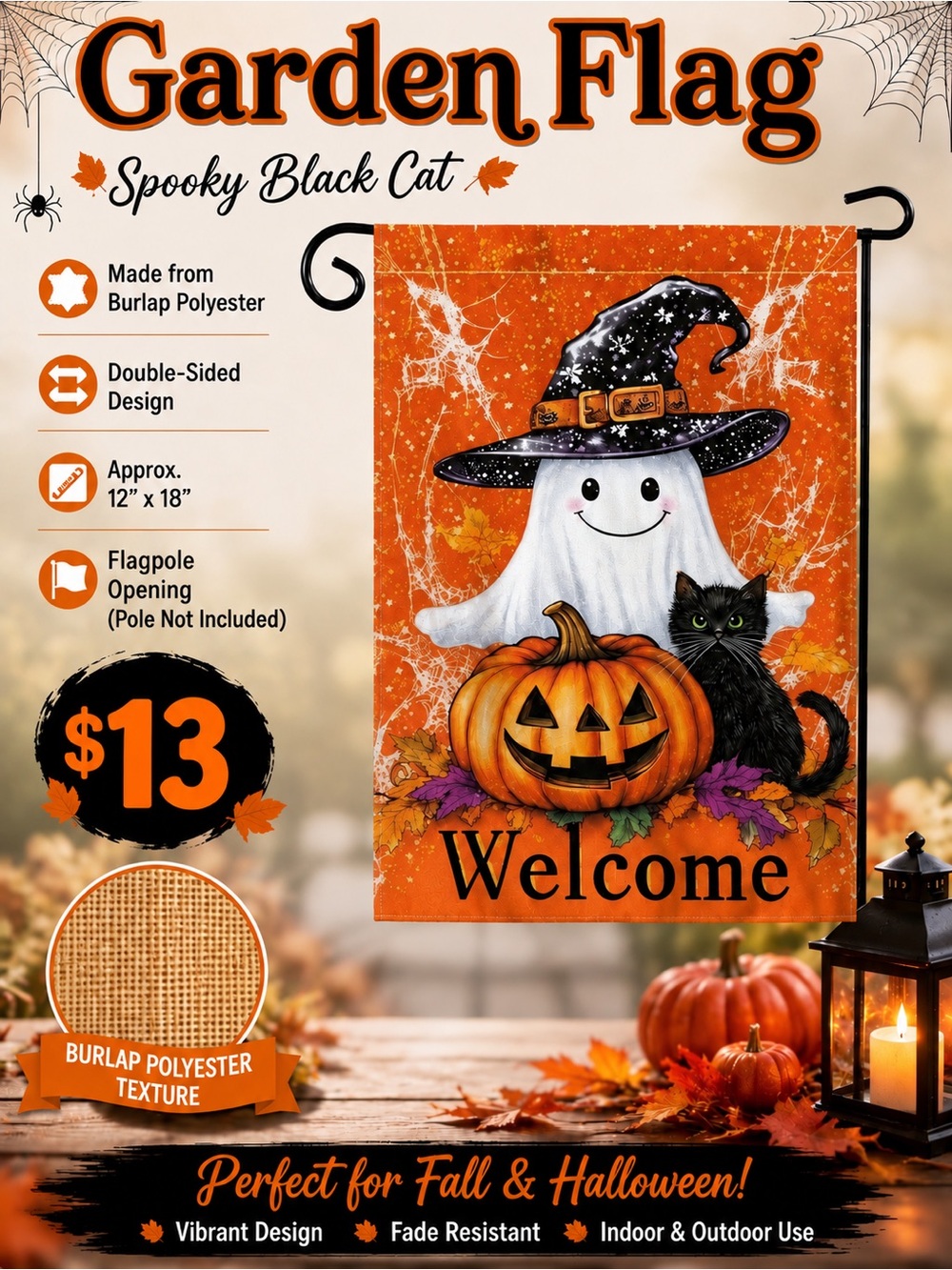 Garden Flag, Halloween Spooky Black Cat, Burlap, double-sided, approx 12”x18”